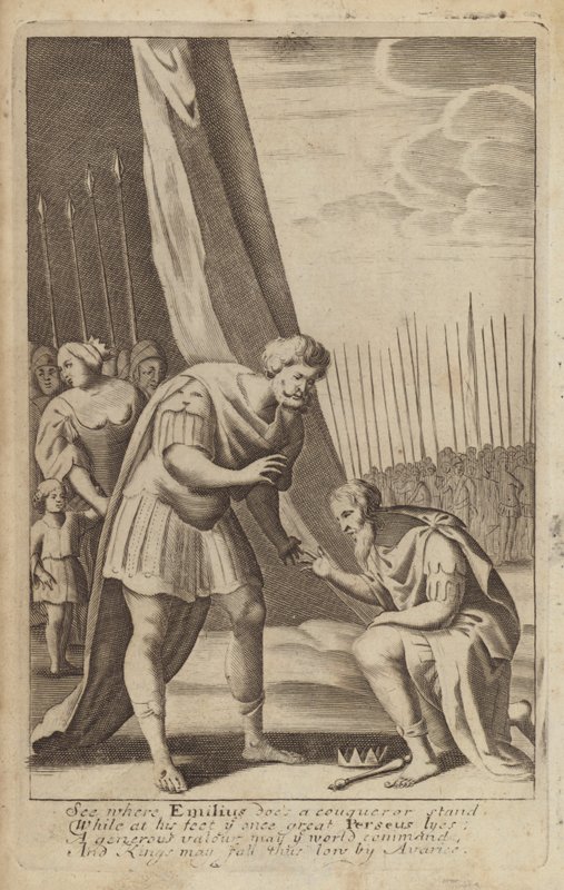 A legyőzött Perszeusz Lucius Aemilius Paullus lábainál a macedón háborúkban (metszet) alkotó: English School