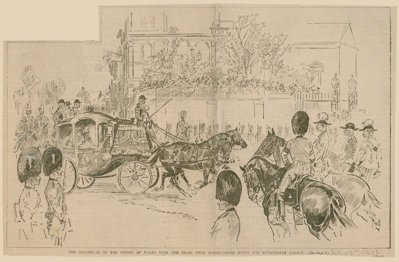 A walesi herceg indulása a menyasszonnyal a Marlborough House-ból a Buckingham-palotába, 1896. július 23. alkotó: English School