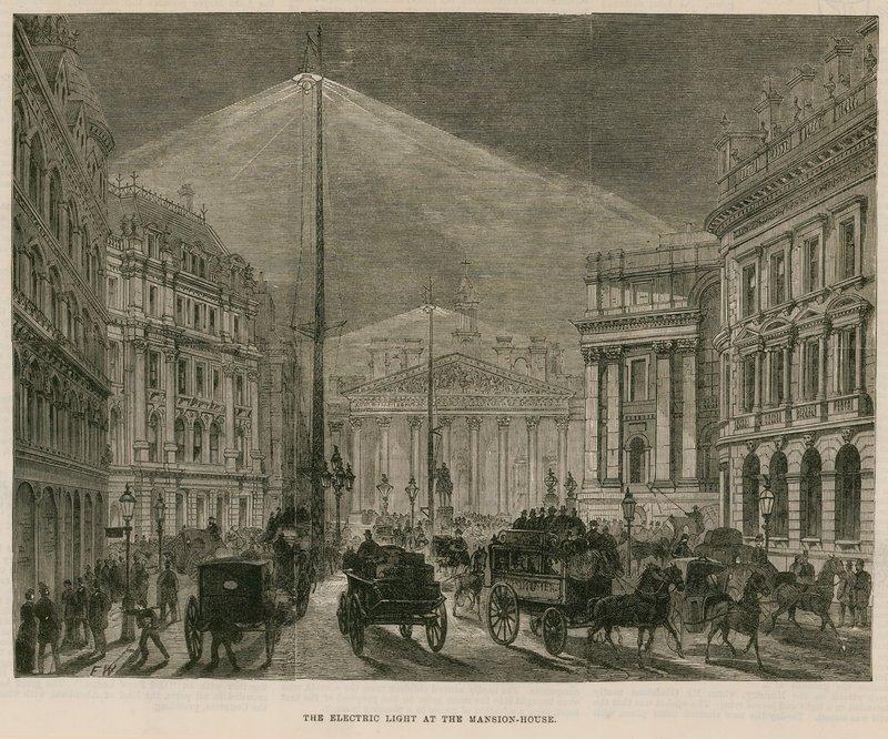 Az elektromos lámpa a Mansion House-ban, Londonban alkotó: English School