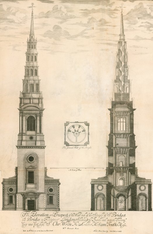A londoni Fleet Street-i St Brides templom tornyának emelkedése és kilátása alkotó: English School