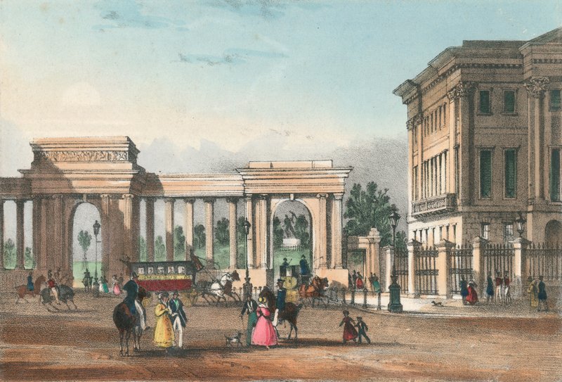 A Hyde Park bejárata a Piccadilly felől az Apsley House nyugati szárnyával alkotó: English School
