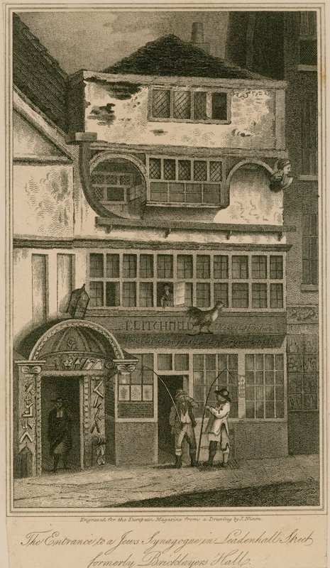 A londoni Leadenhall Street-i zsidó zsinagóga bejárata, korábban Bricklayers Hall alkotó: English School