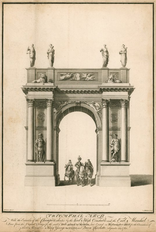 A Bajnok belépése a Diadalíven keresztül, a Lord High Constable és az Earl Marshal részvételével alkotó: English School