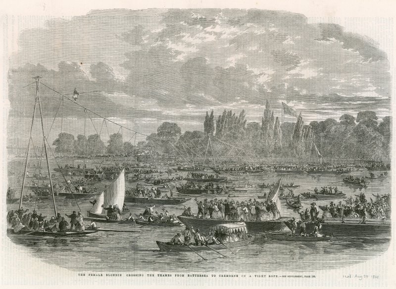 A nőstény szőke átkel a Temzén Battersea-ből Cremorne-ba egy feszes kötélen alkotó: English School