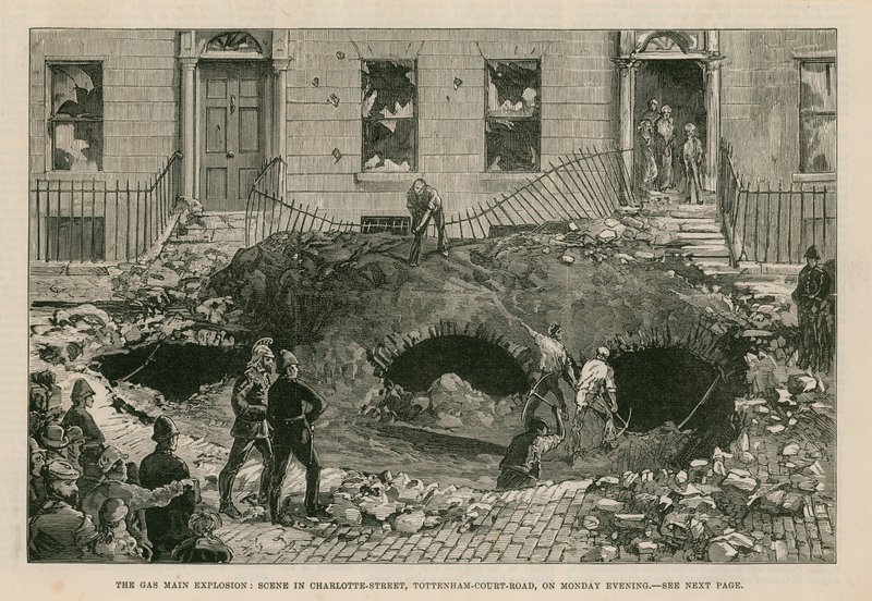 A gázfőrobbanás: helyszín a Charlotte Streeten, a Tottenham Court Roadon, hétfő este alkotó: English School