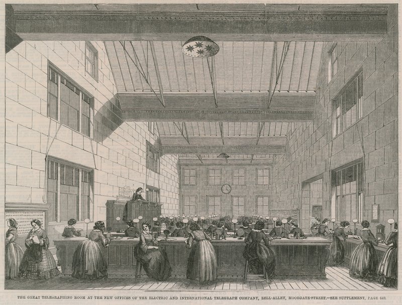A nagy távírószoba az Electric and International Telegraph Company új irodáiban alkotó: English School