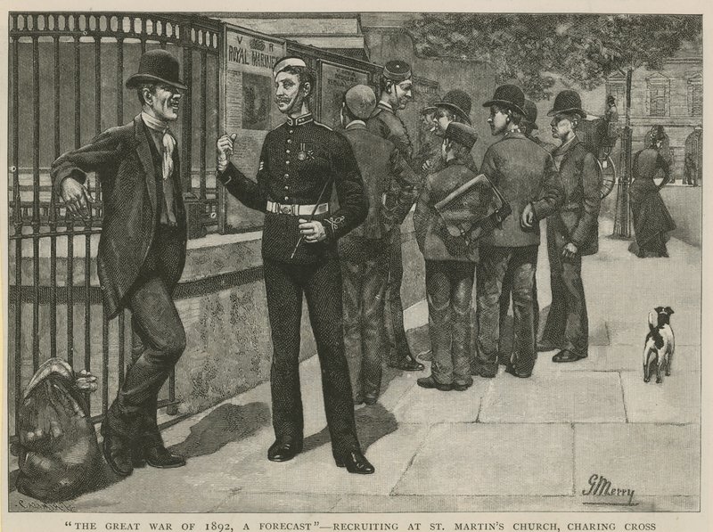 Az 1892-es nagy háború, előrejelzés; Toborzás a Szent Márton templomban alkotó: English School