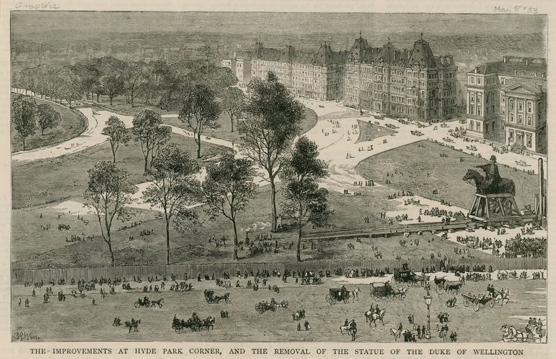 A Hyde Park Corner fejlesztései és Wellington hercege szobrának eltávolítása alkotó: English School
