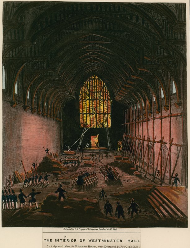 A Westminster Hall belseje olyannak, amilyennek akkor látszott, amikor a Parlament épületeit tűz pusztította el alkotó: English School