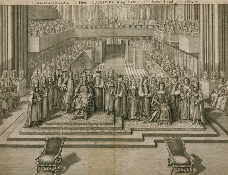 Őfelségeik II. Jakab király és Mária királyné trónra lépése a Westminster Abbeyben alkotó: English School