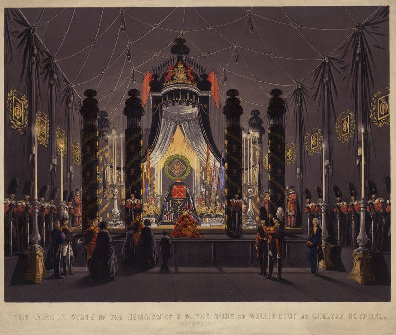 F M Wellington herceg földi maradványai fekvő állapotban a Chelsea Kórházban, 1852. november (színes metszet) alkotó: English School