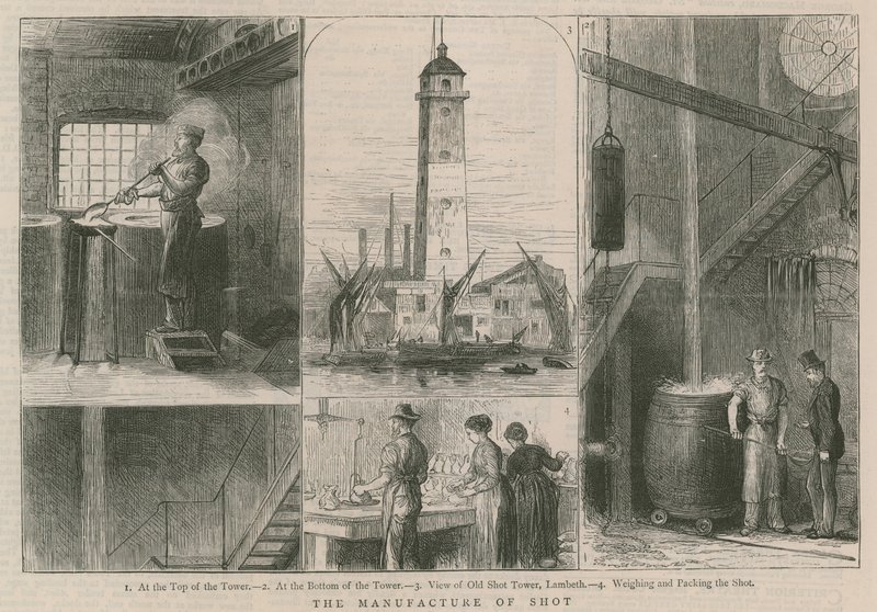 Sörét gyártása; kilátás az Old Shot Towerre, Lambeth alkotó: English School