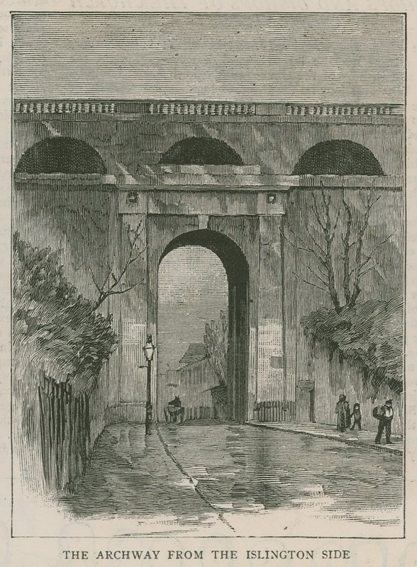 Az új öngyilkosság elleni korlátok a Highgate Archwaynél: a boltív az Islington oldalról alkotó: English School
