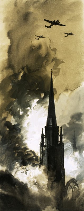 A német bombázók éjszakai támadása Coventry ellen a II. világháborúban alkotó: English School