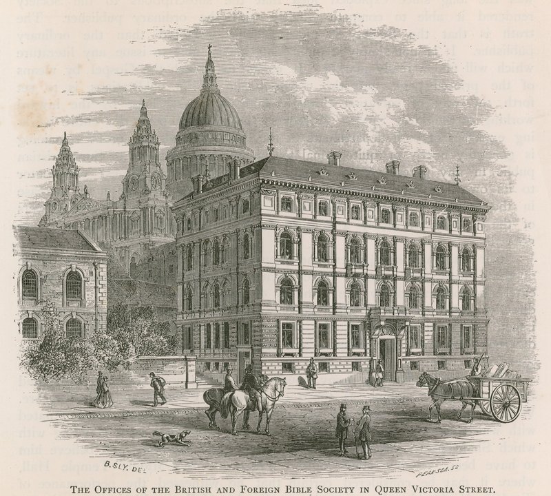 A Brit és Külföldi Bibliatársaság irodái a londoni Queen Victoria Street-ben alkotó: English School