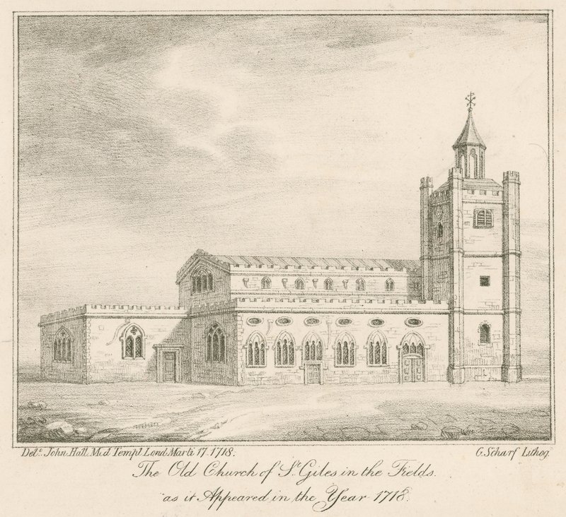 A londoni St Giles in the Fields régi temploma, ahogyan 1718-ban jelent meg alkotó: English School