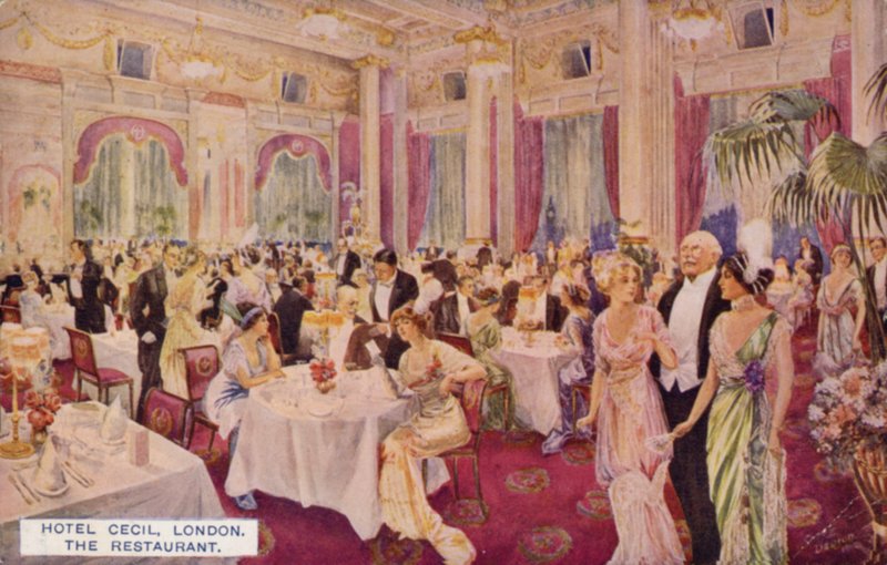 A londoni Hotel Cecil étterem (színes litográfia) alkotó: English School