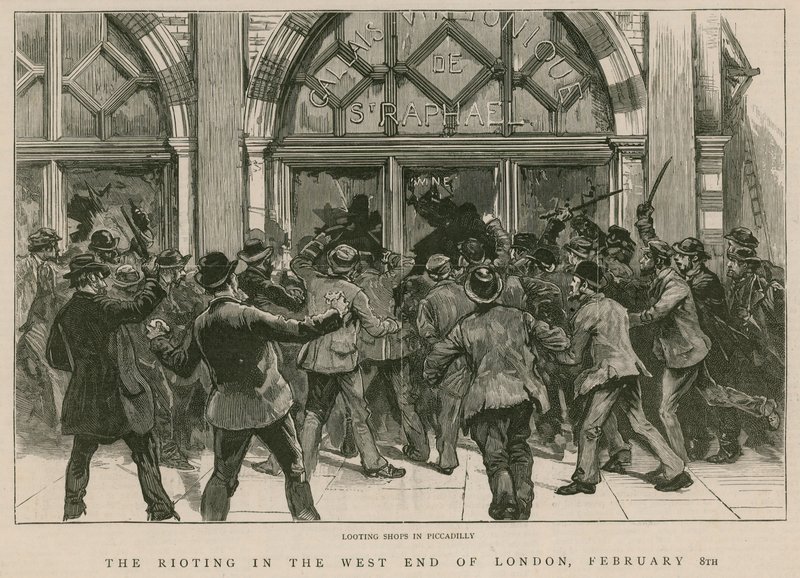 Zavargások a londoni West Enden, 1886. február 8.: Boltok kifosztása Piccadillyben alkotó: English School