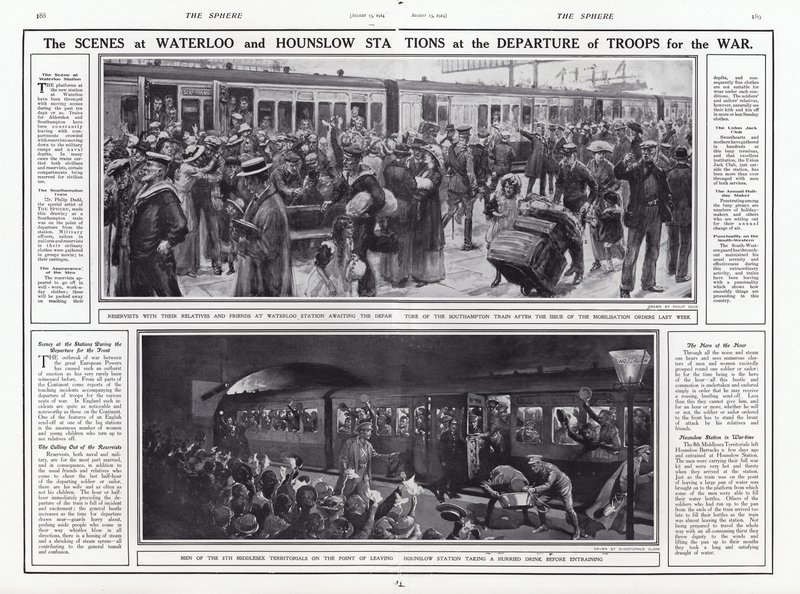 Jelenetek Waterloo és Hounslow állomáson a csapatok háborúba indulásakor, I. világháború, 1914. augusztus alkotó: English School