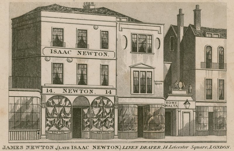 Isaac Newton üzlete, a londoni Leicester Square 14. vászonfüggöny alkotó: English School