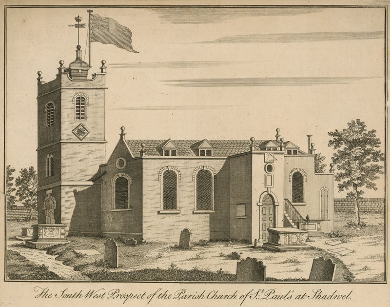 A londoni Shadwell Szent Pál plébániatemplom délnyugati kilátása alkotó: English School