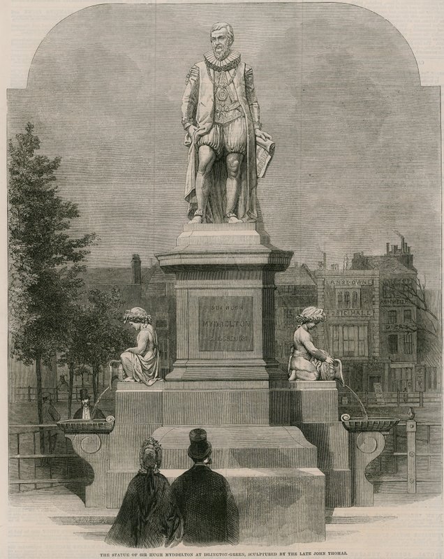 Sir Hugh Myddleton szobra Islington Greenben, a néhai John Thomas szobrászművész alkotása (metszet) alkotó: English School