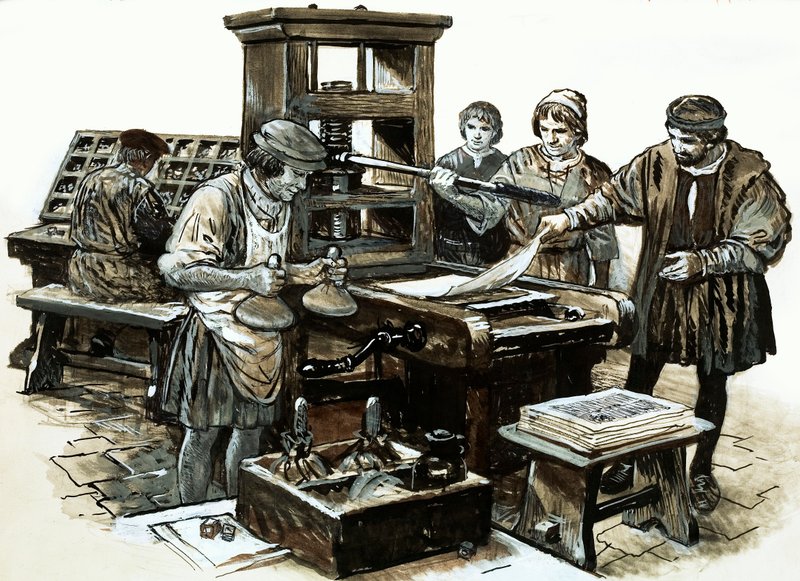 Angliában a harmadik nyomdát St. Albansban állították fel 1480-ban (guache papíron) alkotó: English School