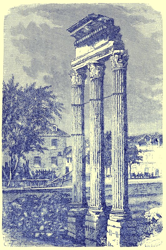 A Castor-templom három oszlopa, Victor Duruy Róma története című illusztrációja, 1884-ben (digitálisan javított kép) alkotó: English School