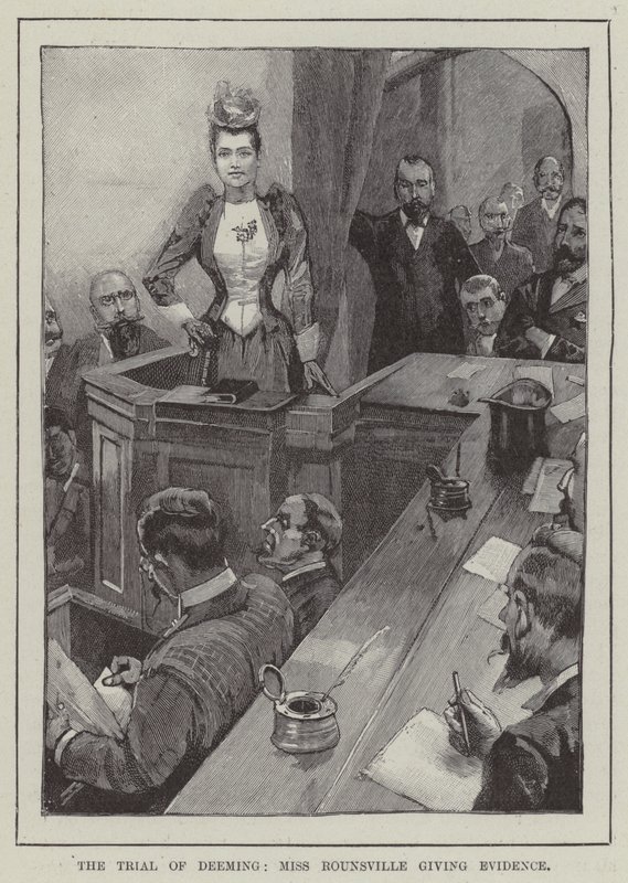Deeming tárgyalása, Miss Rounsville tanúvallomást tesz (metszet) alkotó: English School