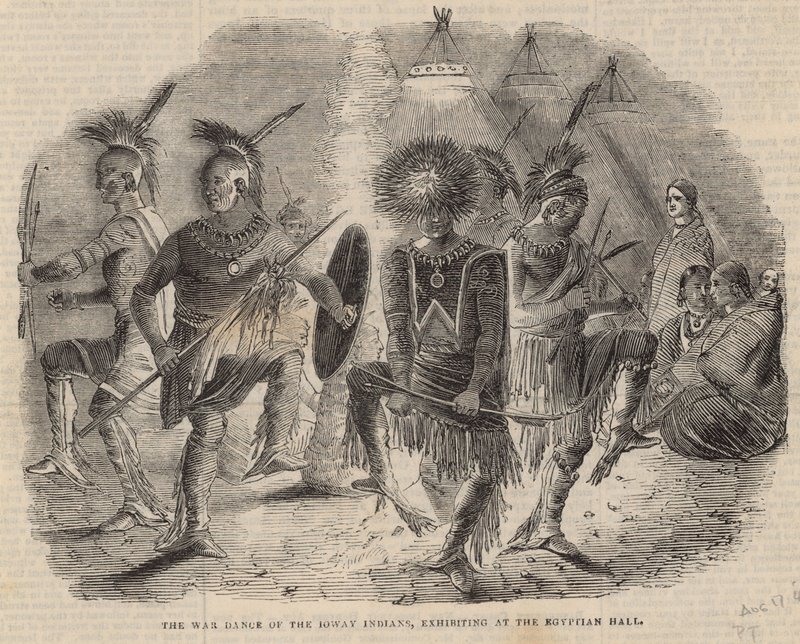 Az Ioway-i indiánok háborús tánca, kiállítás az Egyptian Hallban alkotó: English School