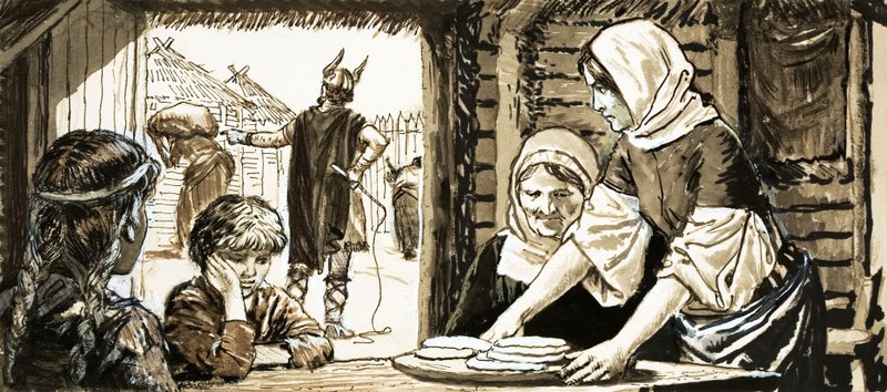 A linbyi nők lapos tortát sütnek (guache papíron) alkotó: English School