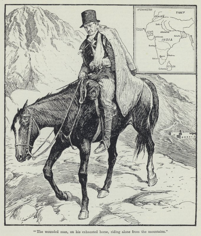 "A sebesült férfi, kimerült lován, egyedül lovagol a hegyekből" (litho) alkotó: English School