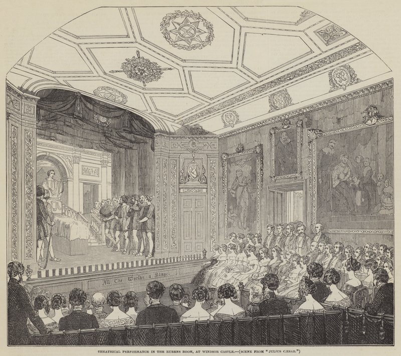 Színházi előadás a Rubens-teremben, a windsori kastélyban (metszet) alkotó: English School