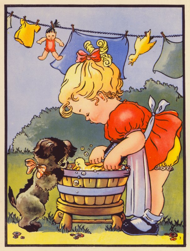 "Így mossuk a ruháinkat" (színes litográfia) alkotó: English School