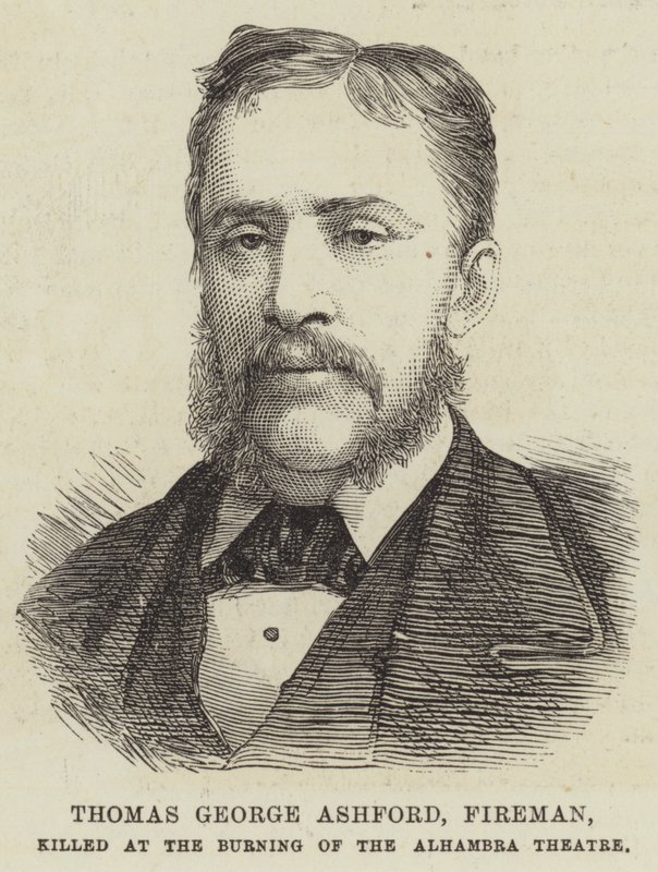 Thomas George Ashford tűzoltó, meghalt az Alhambra Színház égőjében (metszet) alkotó: English School