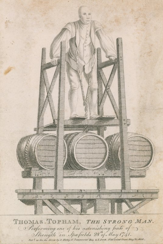 Thomas Topham, az erős ember, aki egyik bámulatos erődemonstrációját hajtja végre Spitalfieldsben, 1741. május 28-án alkotó: English School