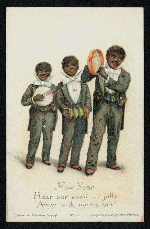 Három fekete fiú hangszeren játszik, újévi üdvözlőlap (chromolitho) alkotó: English School