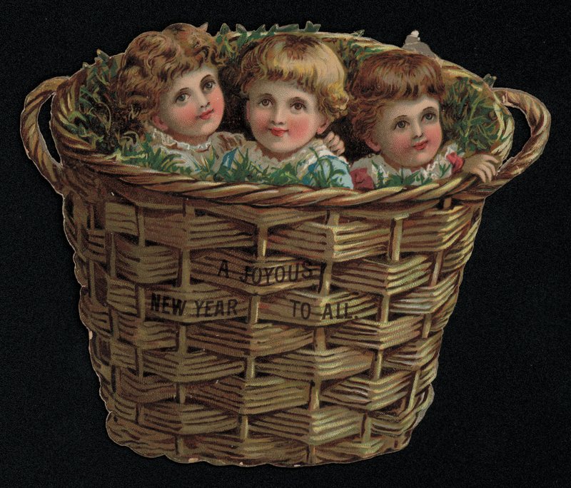 Három gyermek egy kosárban, újévi üdvözlőlap. (chromolitho) alkotó: English School