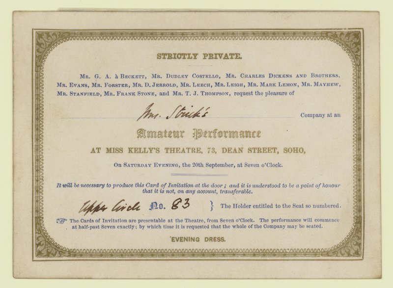 Jegy Charles Dickens amatőr drámai előadására, 1845 alkotó: English School