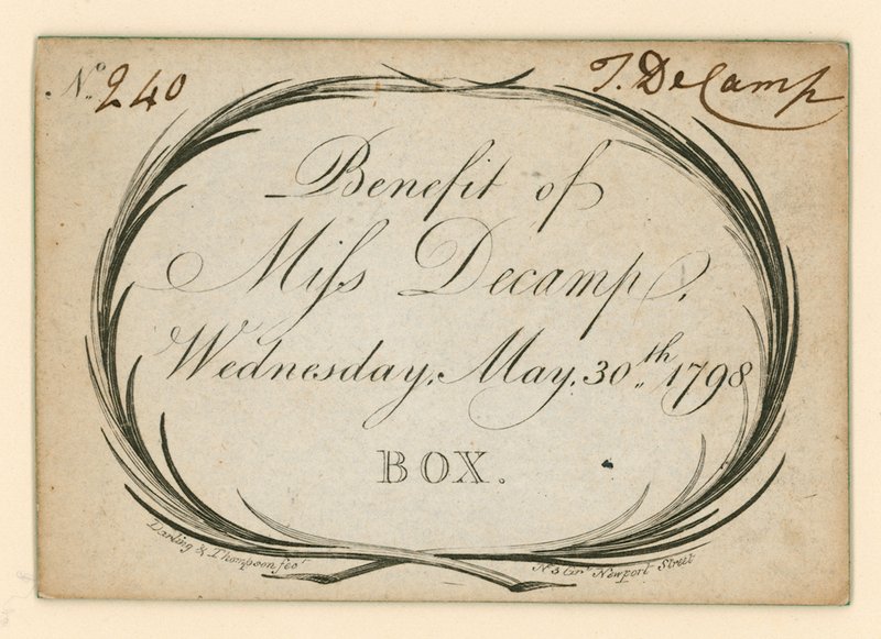 Jegy a londoni Drury Lane Színházba: Miss Decamp előnye, 1798. május 30. alkotó: English School