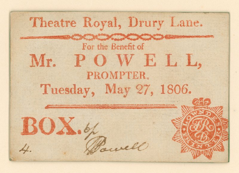Jegy a londoni Drury Lane Színházba: Powell úr javára, súgó, 1806. május 27. alkotó: English School