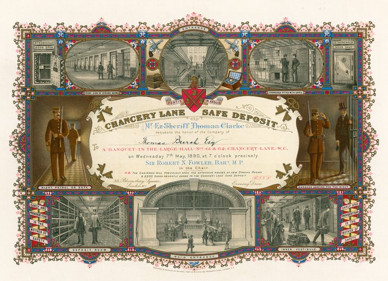 Jegy bankettre a Chancery Lane széf nagytermében, 61-62 Chancery Lane, London alkotó: English School