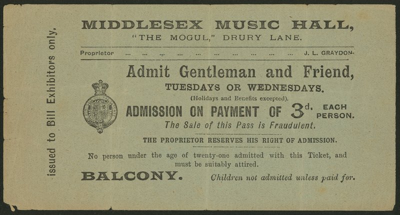 Jegy a Middlesex Music Hallba, a The Mogulba, a londoni Drury Lane-be alkotó: English School
