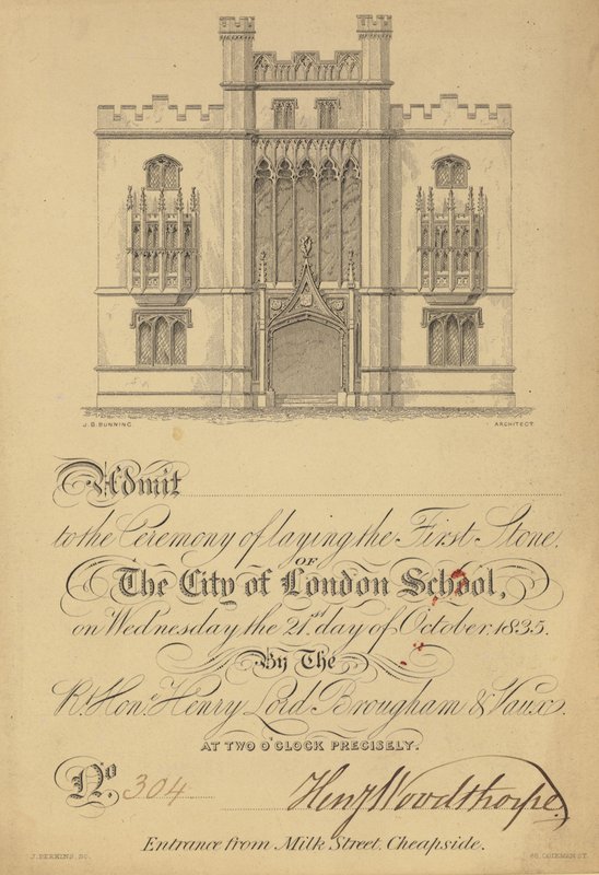 Jegy a City of London School első kövének letételére, 1835. október 21. alkotó: English School