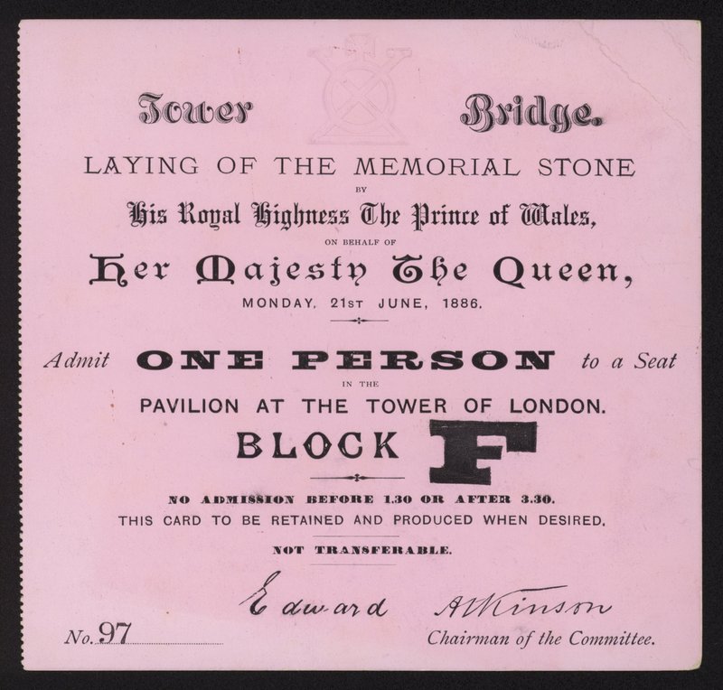 Jegy az emlékkő letételére a Tower Bridge-en, London, 1886. június 21. alkotó: English School