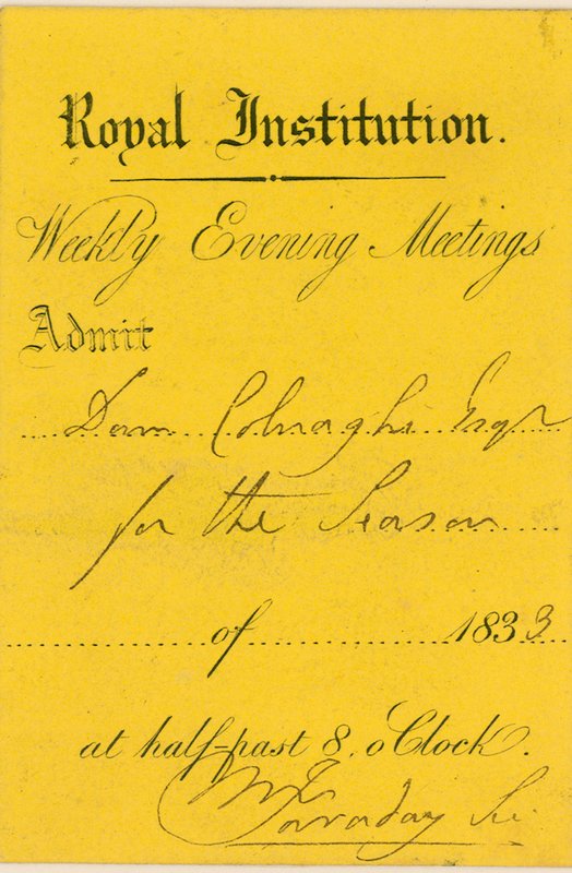 Belépőjegy a londoni Albemarle Street-i Királyi Intézetbe, Michael Faraday előadására alkotó: English School