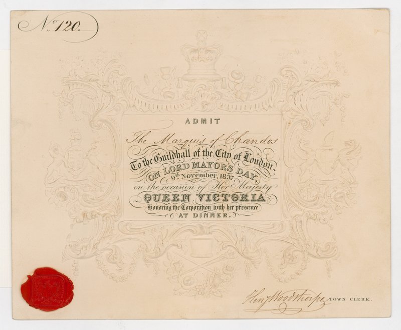 Belépőjegy a londoni City Guildhallba, hogy beléphessen Chandos márkiba 1837. november 9-én, Lord Mayors napján a Viktória királynő tiszteletére rendezett vacsorára alkotó: English School