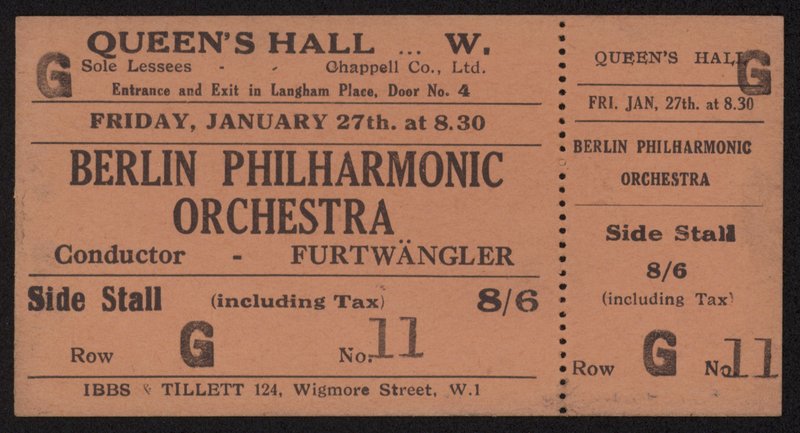Jegy a Berlini Filharmonikusok koncertjére, Queens Hall, London 1928. január 27., péntek alkotó: English School