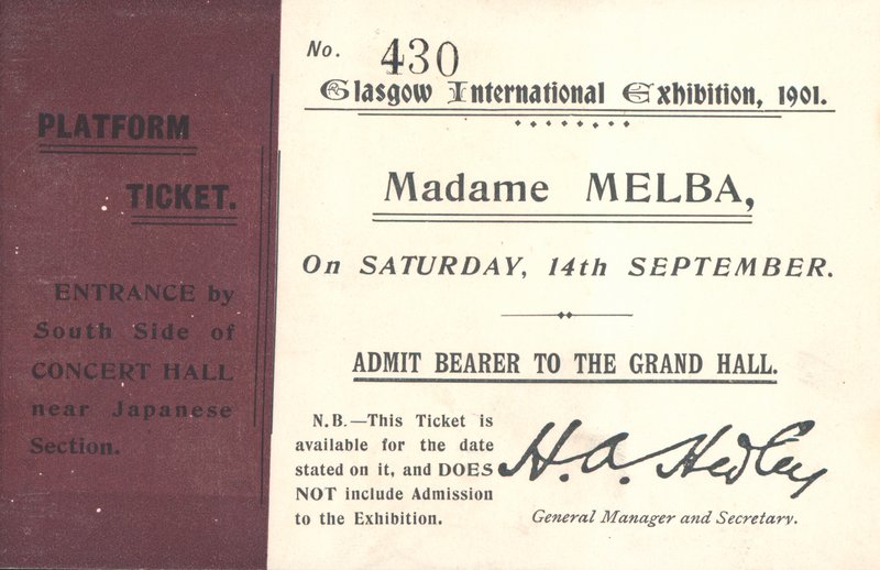 Jegy Nellie Melba meghallgatására a Glasgow-i Nemzetközi Kiállításon, 1901 (nyomtatott) alkotó: English School