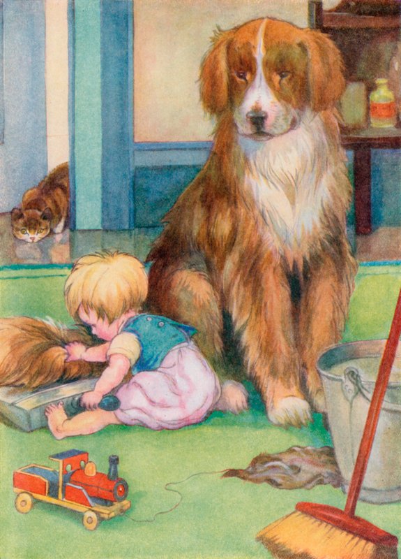 Kutya farkával játszó kisgyermek (színes litho) alkotó: English School